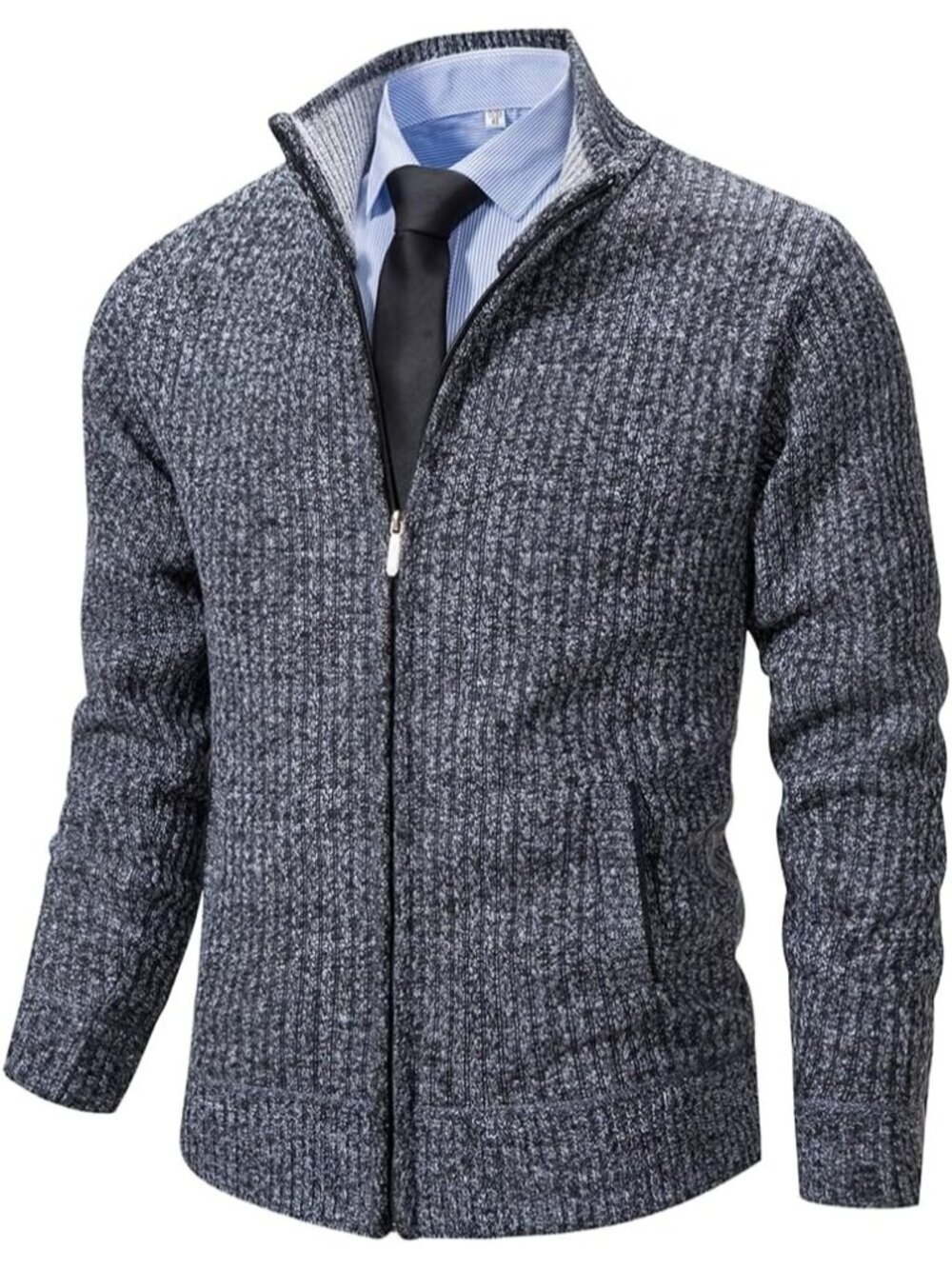 🆕Men's Grey 2 Cardigan Sweaters Full Zip Knitted Zipper Stand Collar Business